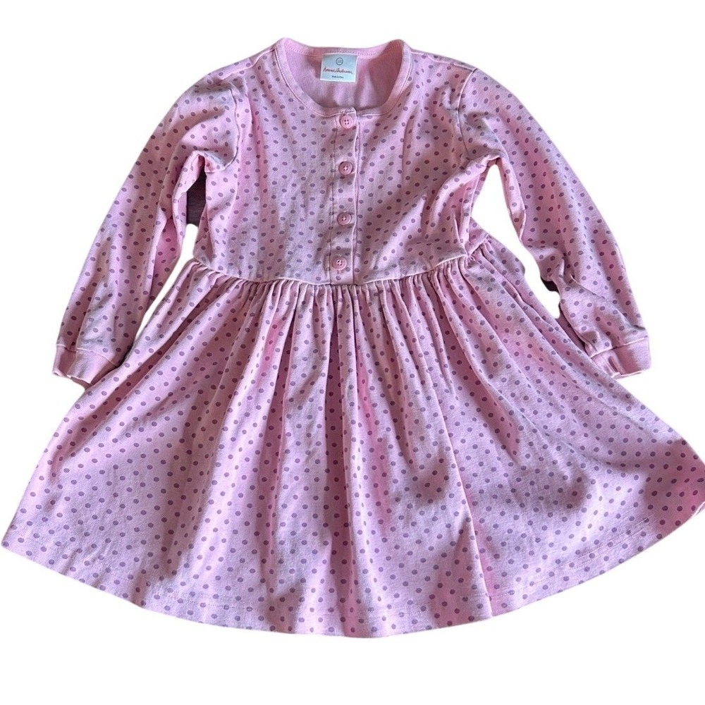 Vintage Hanna Andersson Dress Girls 120 Pink Cotton Polka Dot Button Fit‎ Flare
